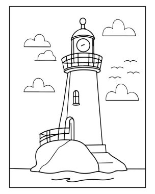 Çocuk boyama kitapları için basit deniz feneri çizimi mükemmel. Okyanus sahnesi.