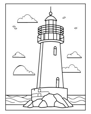Deniz feneri, deniz, bulutlar, kayalar, boyama kitabı, denizcilik, denizcilik, resim