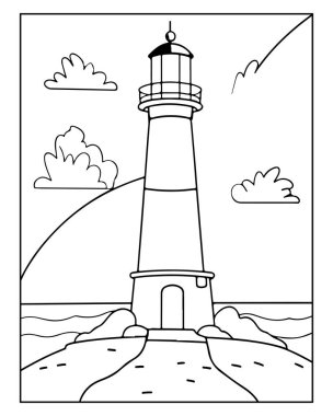 Deniz feneri boyama sayfası tasarımında okyanus dalgaları ve bulutlar var. Çocuklar için harika..