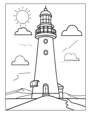 Deniz feneri boyama sayfası tasarımı güneş deniz kıyısını bulutlandırıyor