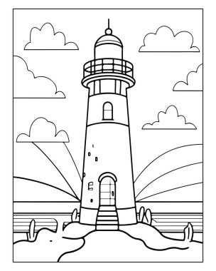 Okyanus temalı kitapları boyamak için harika bir deniz feneri çizimi