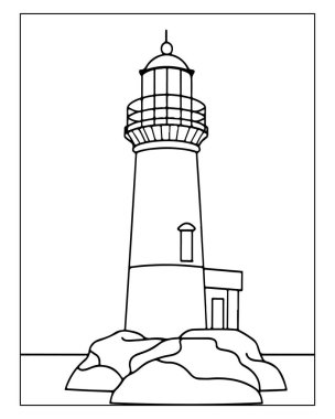 Deniz feneri çizgisi okyanus kıyısındaki deniz kulesi rehberi kayaları çiziyor.