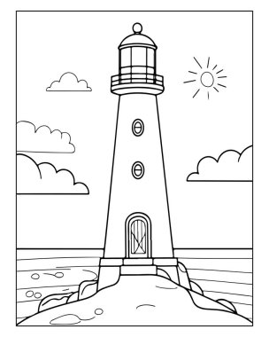 Deniz feneri boyama kitabı sayfası, okyanus, güneş, bulutlar, kayalar.