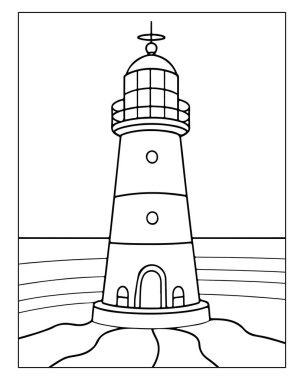 Deniz feneri, okyanus, deniz, sahil, siyah beyaz çizim, basit tasarım..