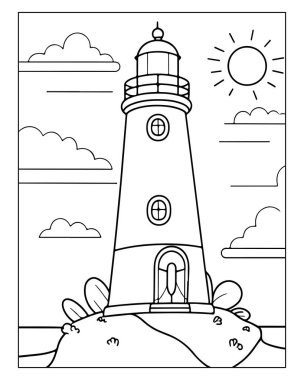 Şirin deniz feneri boyama kitabı çizimi çocuklar için mükemmel. Kıyı tasarımı, güneş, bulutlar.