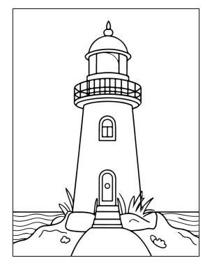 Şirin deniz feneri boyama sayfası illüstrasyon deniz taşları