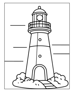 Çocuk boyama kitapları, eğitim materyalleri ve deniz temaları için basit deniz feneri çizimi mükemmel.