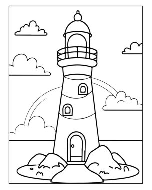 Şirin deniz feneri boyama kitabı sayfası çocuklar için mükemmel. Okyanus sahnesi.
