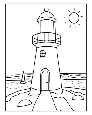 Güneşli bir okyanus manzaralı büyüleyici deniz feneri boyama sayfası. Çocuklar ve yetişkinler için mükemmel..