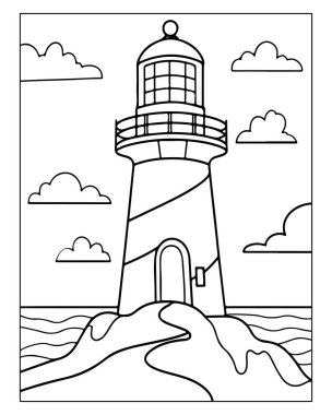Deniz feneri boyama sayfasında okyanus dalgaları, bulutlar ve kayalık bir kıyı var..