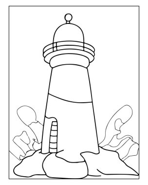Okyanus temalı kitapları boyamak için harika bir deniz feneri çizimi.
