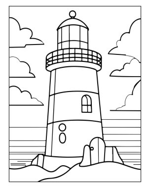 Deniz feneri boyama sayfası tasarımı deniz kıyısı bulutları