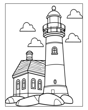 Deniz feneri bekçisi evi okyanus taşları deniz manzarası çizimi