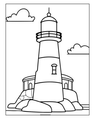 Basit deniz feneri çizimi boyama kitapları, deniz teması ve çocuk aktiviteleri için mükemmeldir..
