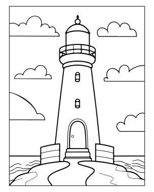 Deniz feneri boyama sayfası, deniz kıyısı okyanus bulutları çizimi
