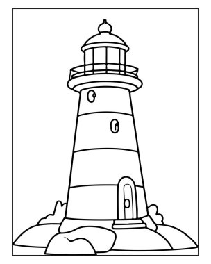 Basit deniz feneri çizimi boyama sayfaları, çocuk aktiviteleri veya deniz temalı tasarımlar için mükemmeldir..