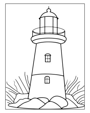 Çocuk boyama kitapları için basit deniz feneri çizimi mükemmel.