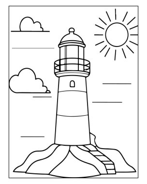 Şirin deniz feneri boyama sayfası tasarımı çocuklar için mükemmel. Basit çizgiler, güneş, bulutlar.