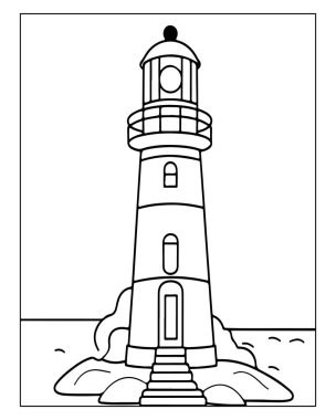 Deniz feneri çizimi, siyah beyaz, sahil manzarası, basit tasarım..