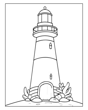 Boyama sayfaları, deniz temaları ve çocuk kitapları için uygun basit deniz feneri çizimi.