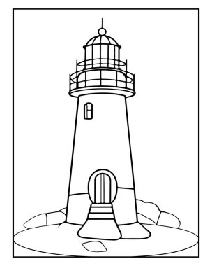 Deniz feneri sahnesi çiziyor. Siyah beyaz çizgi çizimi.