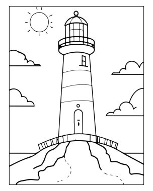 Deniz feneri boyama sayfası Denizcilik sahnesi Güneş okyanusu bulutları