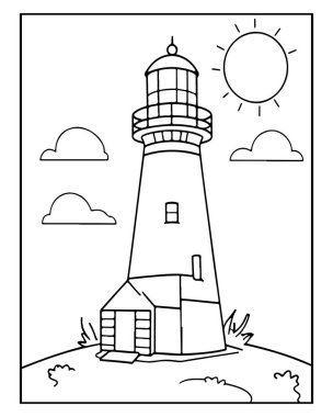 Deniz feneri boyama kitabı sayfası. Güneş kıyı sahnesini bulutlandırıyor. Çocuklar için mükemmel..