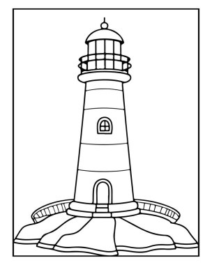 Basit deniz feneri çizimi boyama sayfaları, çocuk aktiviteleri ve deniz temaları için mükemmeldir.