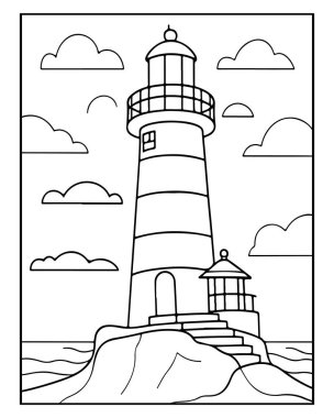 Sevimli deniz feneri çizimi boyama kitapları, deniz teması ve çocuk aktiviteleri için mükemmel..