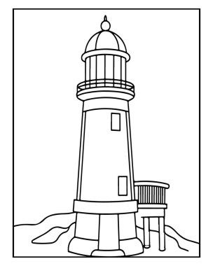 Deniz feneri çizimi, siyah ve beyaz, sahil manzarası, deniz tasarımı.