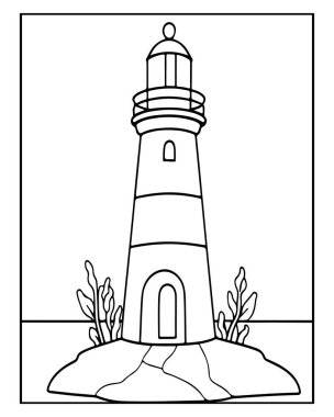 Deniz feneri okyanus kıyısı boyama kitabı sayfası çiziyor.