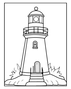 Çocuklar için boyama kitapları için harika bir deniz feneri çizimi. Deniz kıyısı teması.