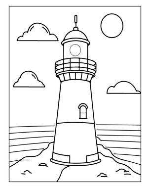 Deniz feneri boyama sayfasında deniz manzarası var. Çocuklar için mükemmel..