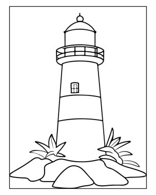 Deniz feneri boyama sayfası, basit tasarım, denizcilik teması, çocuk aktivitesi.