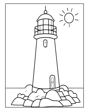 Deniz feneri, güneş, kayaların boyama sayfası. Yaratıcı rahatlama için ideal.