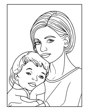 Tatlı anne nazikçe çocuğunu kucağına aldı. Boyama kitapları için mükemmel..