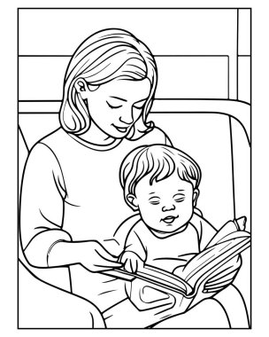 Bir annenin bebeğine kitap okuması gibi tatlı siyah beyaz çizgiler. Çocuk kitapları ve aile temaları için mükemmel..