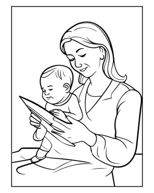 Sevimli anne, bebeğine bu güzel renkli sayfa illüstrasyonunda sevgiyle okuyor..