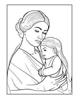 Sevgi dolu anne kucağında bebek, mükemmel boyama kitabı sayfası.