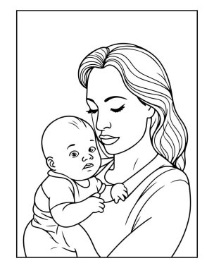 Tatlı anne bebeğini kucağında tutuyor, boyama kitapları ve aile projeleri için mükemmel..