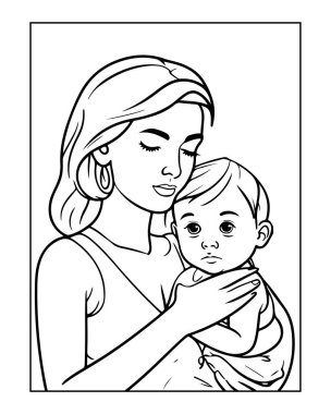 Bebek boyama sayfasını tutan sevimli bir anne. Yaratıcı zaman geçirmek için mükemmel..