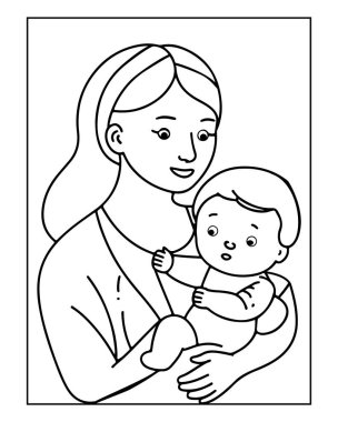 Bir annenin bebeğini nazikçe kucağına aldığı basit bir çizgi. Boyama kitapları için mükemmel..