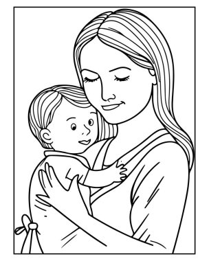 Sevimli anne ve bebek çizgisi boyama sayfaları ve baskılar için ideal.