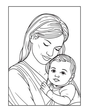 Şefkatli anne kucağında bebek boyama kitabı sayfası sanatı