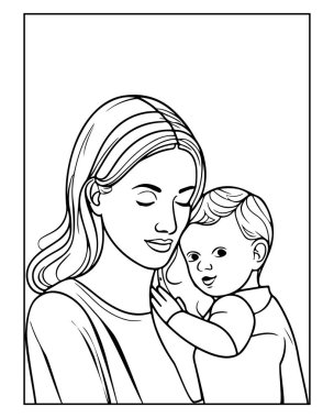 Anne ve bebeğin olduğu bir boyama sayfası. Çocuklar için mükemmel..