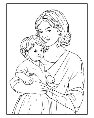 Şefkatli anne kucağında bebek, güzel çizgiler sanat, boyama kitabı sayfası, basılabilir tasarım.