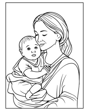 Anne ve bebeğin olduğu bir boyama sayfası. Çocuklar için mükemmel..