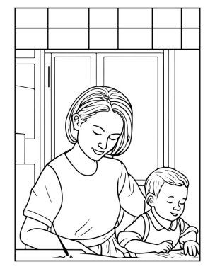Sevimli anne ve bebek boyama kitabı sayfası, çocuklar ve yetişkinler için mükemmel..