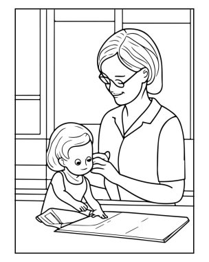 Tatlı siyah beyaz renkli kitap resimlerinde bir kadın ve genç bir kız okuyor..