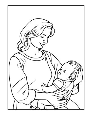 Bir annenin bebeğini nazikçe tutması gibi sevimli bir sanat eseri. Boyama kitapları ve aile aktiviteleri için ideal.